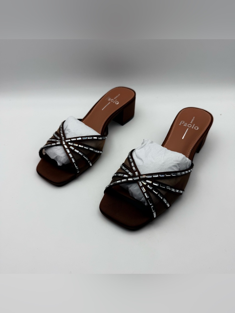 Linea Paolo Ivona-L Chocolate Satin Mesh Crystal Slide Sandals NIB Women’s 5M